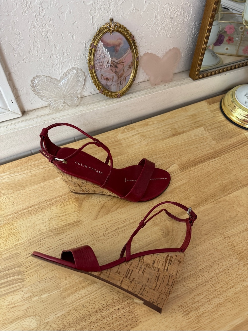 Cute Colin Stuart Red Cork Wedge Sandals Size 6 Y2K Minimalist Ankle Strap Heels